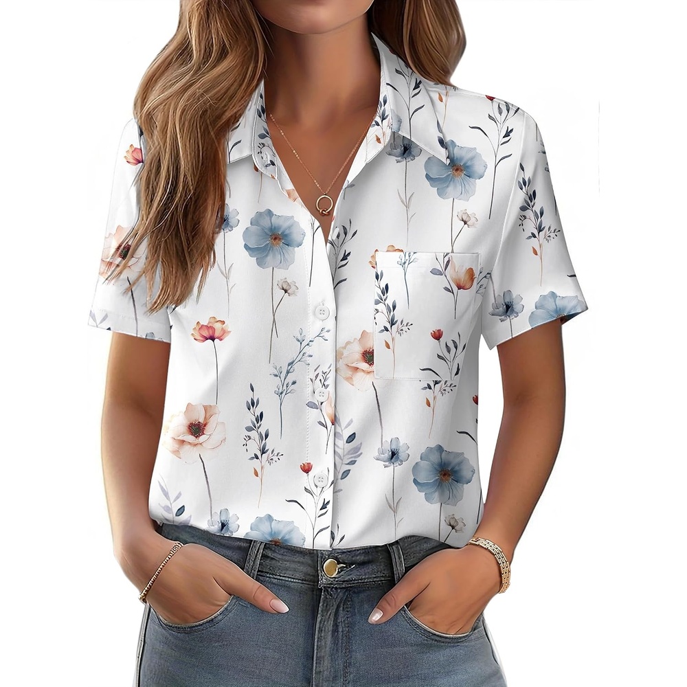 image:imageZeagoo Womens Button Down Shirt Bust Pocket Short Sleeve Blouses Summer TopDh6