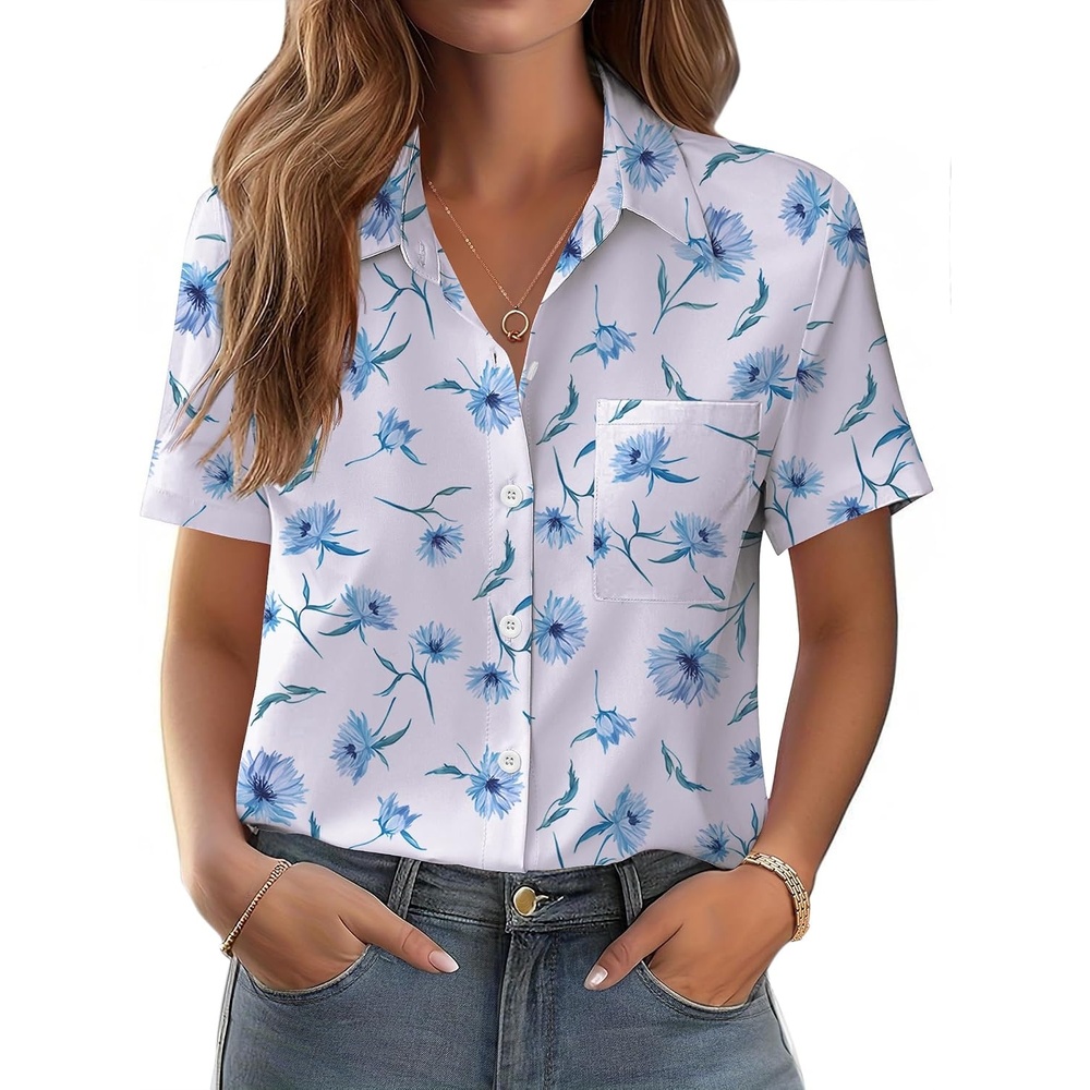 image:imageZeagoo Womens Button Down Shirt Bust Pocket Short Sleeve Blouses Summer TopFloral Blue 361