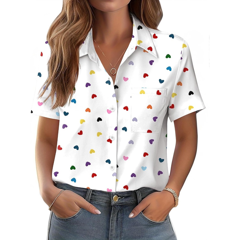 image:imageZeagoo Womens Button Down Shirt Bust Pocket Short Sleeve Blouses Summer TopHeart Colorful 25