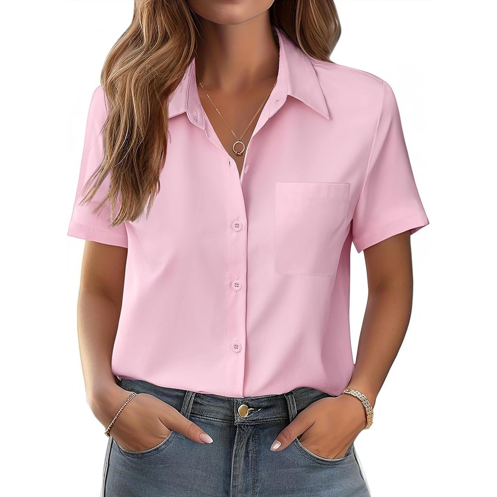 image:imageZeagoo Womens Button Down Shirt Bust Pocket Short Sleeve Blouses Summer TopLight Pink