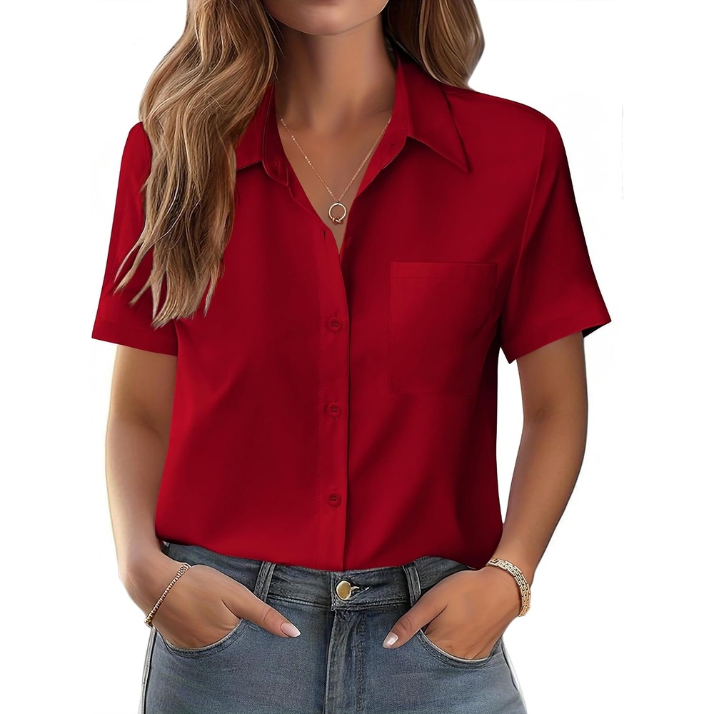 image:imageZeagoo Womens Button Down Shirt Bust Pocket Short Sleeve Blouses Summer TopRed