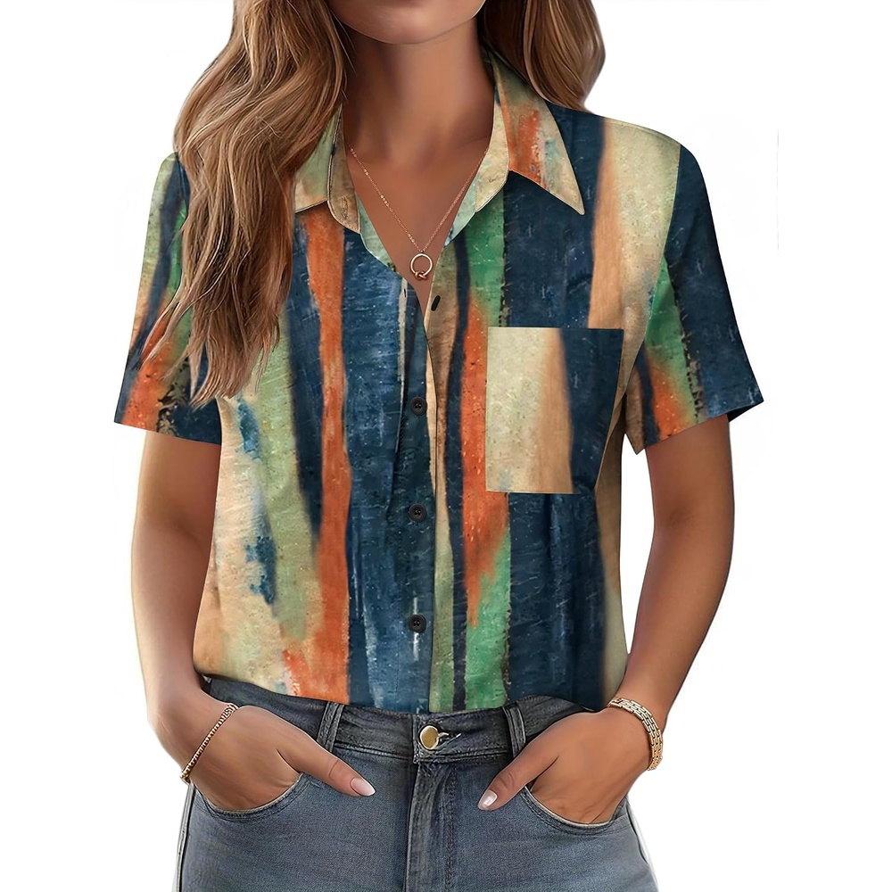 image:imageZeagoo Womens Button Down Shirt Bust Pocket Short Sleeve Blouses Summer TopStripes Multicolor 289