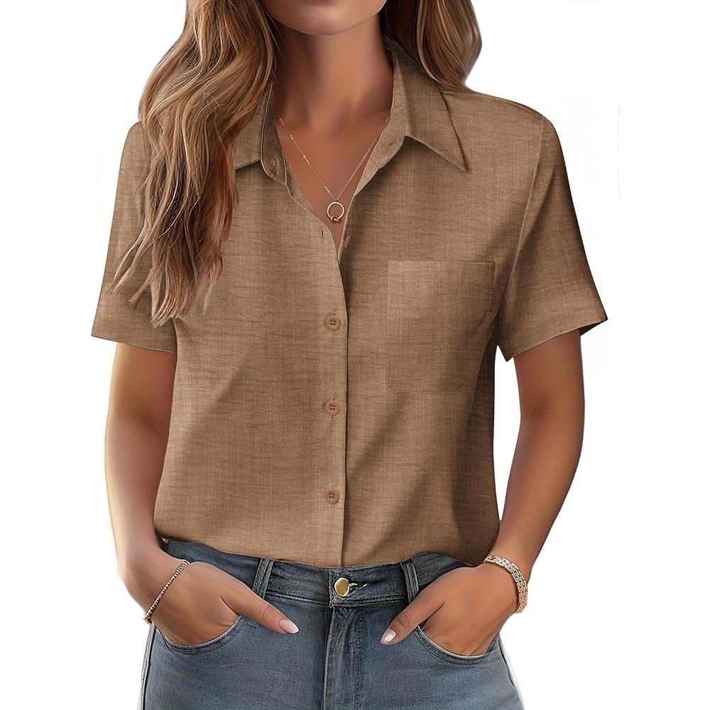 image:imageZeagoo Womens Button Down Shirt Bust Pocket Short Sleeve Blouses Summer TopTan