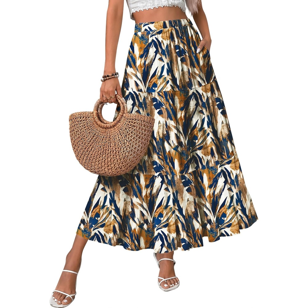 image:imageZeagoo Womens Chiffon Elastic High Waist Pleated Maxi Skirt with PocketsCx354