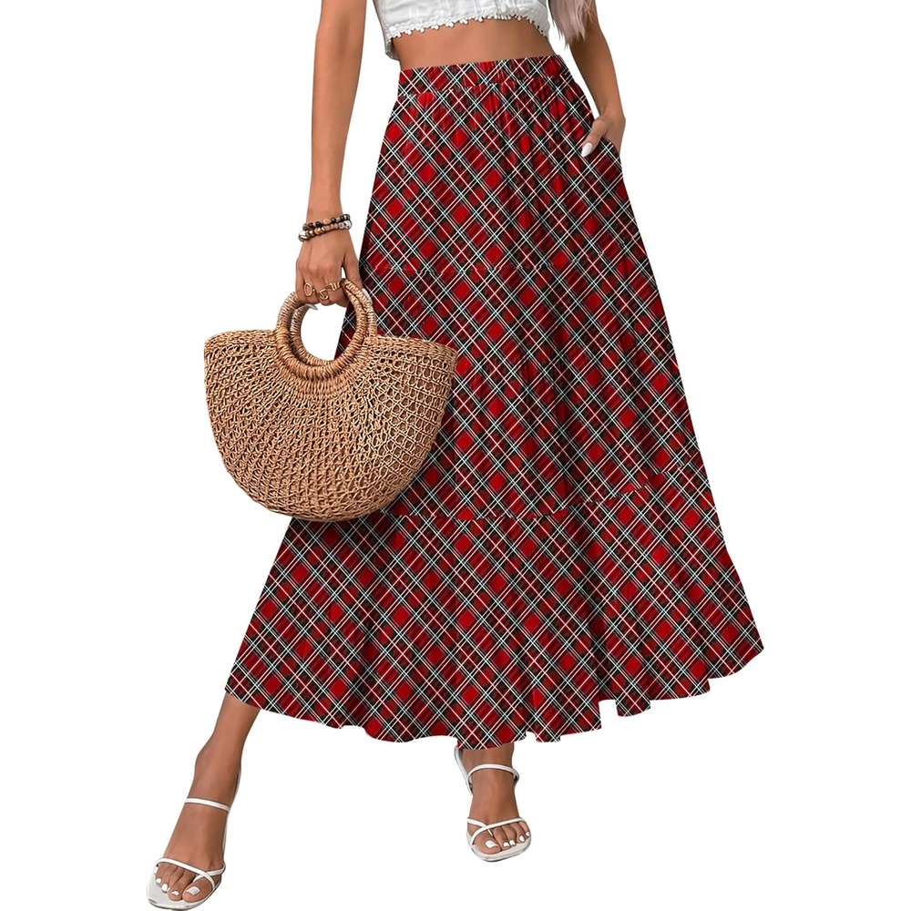 image:imageZeagoo Womens Chiffon Elastic High Waist Pleated Maxi Skirt with PocketsGz53