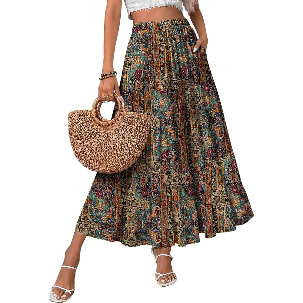image:imageZeagoo Womens Chiffon Elastic High Waist Pleated Maxi Skirt with PocketsMz721