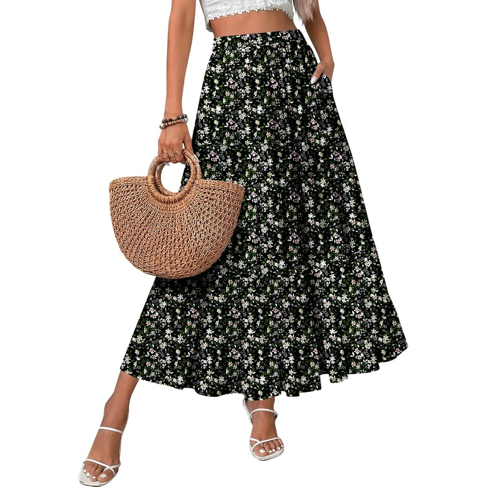 image:imageZeagoo Womens Chiffon Elastic High Waist Pleated Maxi Skirt with PocketsXh577
