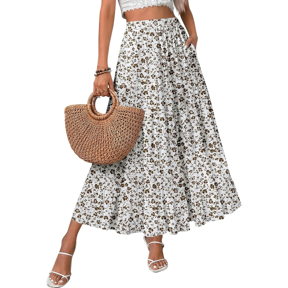image:imageZeagoo Womens Chiffon Elastic High Waist Pleated Maxi Skirt with PocketsXh583
