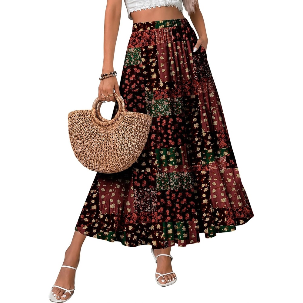 image:imageZeagoo Womens Chiffon Elastic High Waist Pleated Maxi Skirt with PocketsXh585