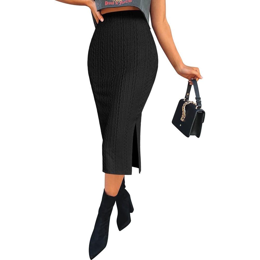 image:imageZeagoo Womens Knit Midi Skirts Casual Pencil Skirt High Waisted Long Skirt with Slit Elegant Work Office SkirtsBlack