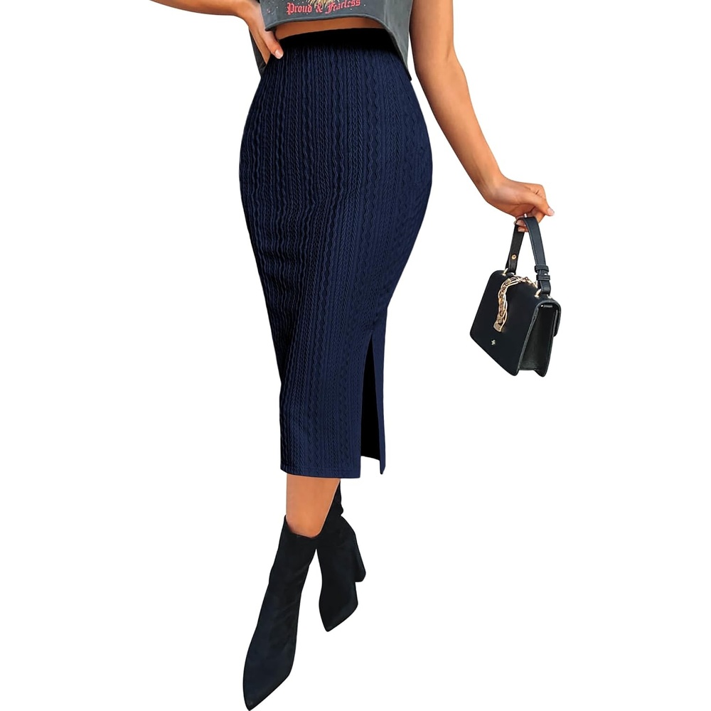image:imageZeagoo Womens Knit Midi Skirts Casual Pencil Skirt High Waisted Long Skirt with Slit Elegant Work Office SkirtsBlv