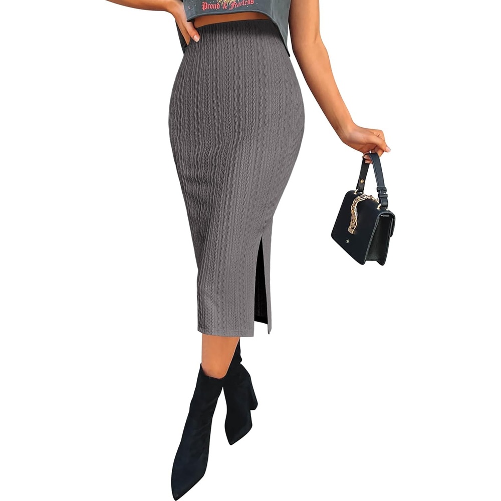 image:imageZeagoo Womens Knit Midi Skirts Casual Pencil Skirt High Waisted Long Skirt with Slit Elegant Work Office SkirtsDark Gray