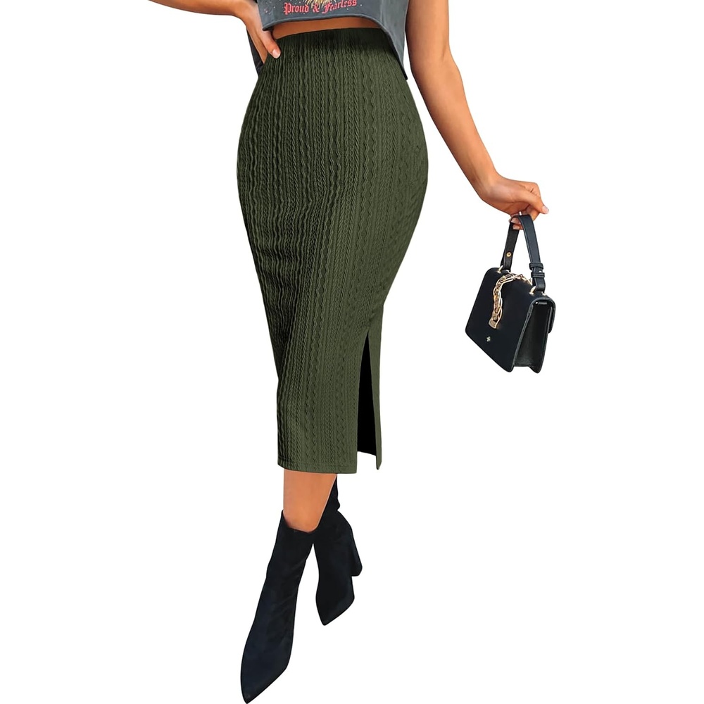 image:imageZeagoo Womens Knit Midi Skirts Casual Pencil Skirt High Waisted Long Skirt with Slit Elegant Work Office SkirtsDeg