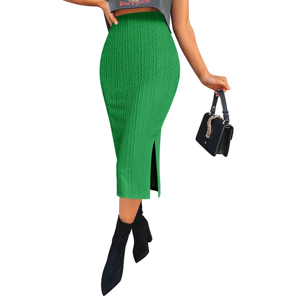 image:imageZeagoo Womens Knit Midi Skirts Casual Pencil Skirt High Waisted Long Skirt with Slit Elegant Work Office SkirtsLight Green