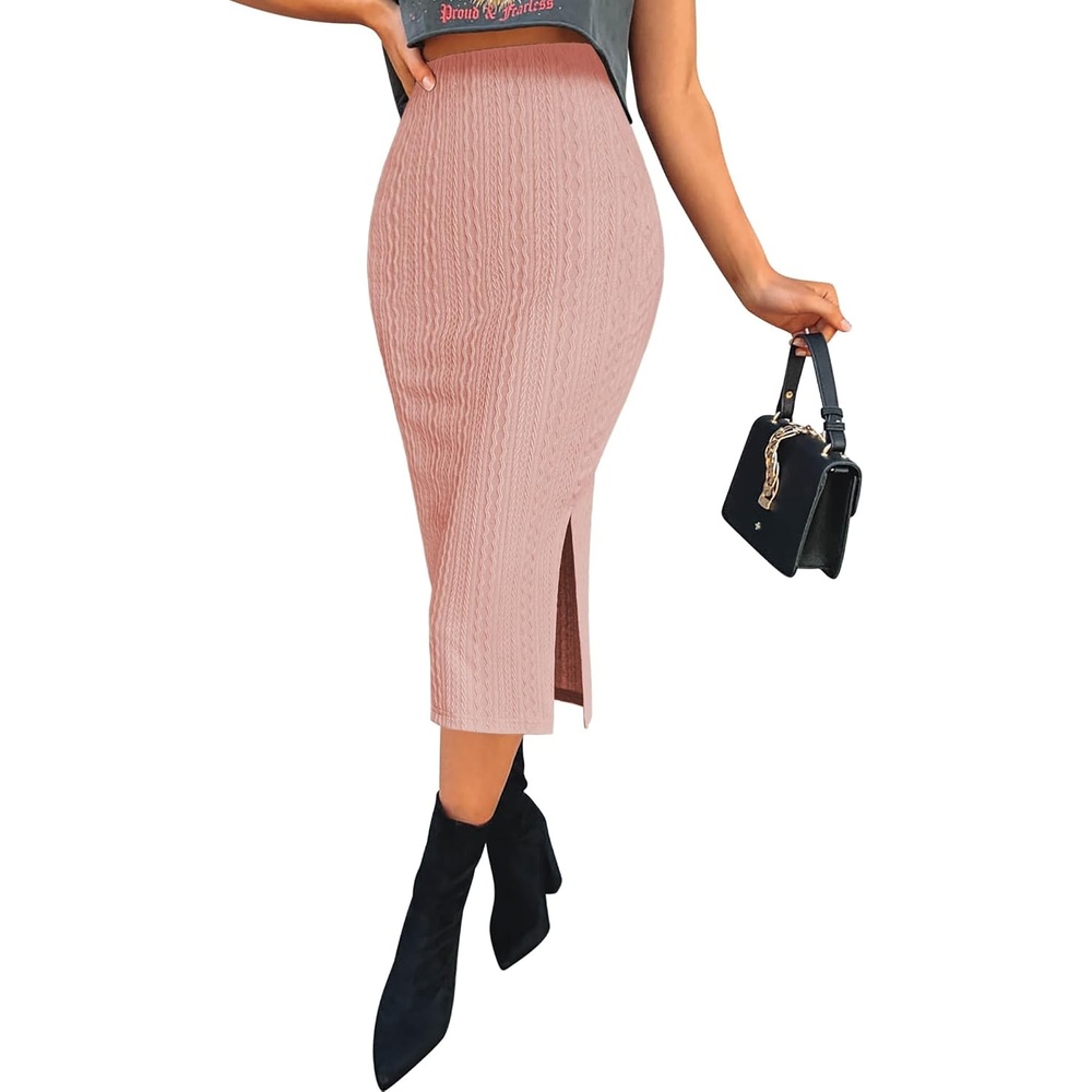 image:imageZeagoo Womens Knit Midi Skirts Casual Pencil Skirt High Waisted Long Skirt with Slit Elegant Work Office SkirtsRose Pink