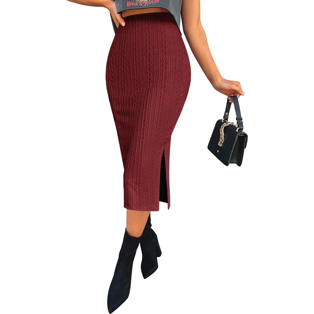 image:imageZeagoo Womens Knit Midi Skirts Casual Pencil Skirt High Waisted Long Skirt with Slit Elegant Work Office SkirtsWine Red