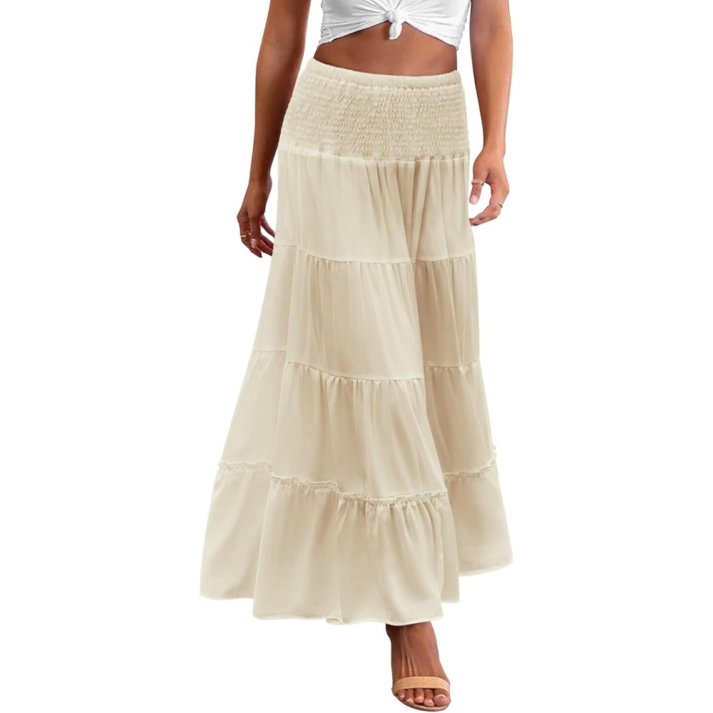 image:imageZeagoo Womens Long Maxi Skirts Tiered Elastic High Waist Boho Double Layered Print ALine Casual Midi DressBeige