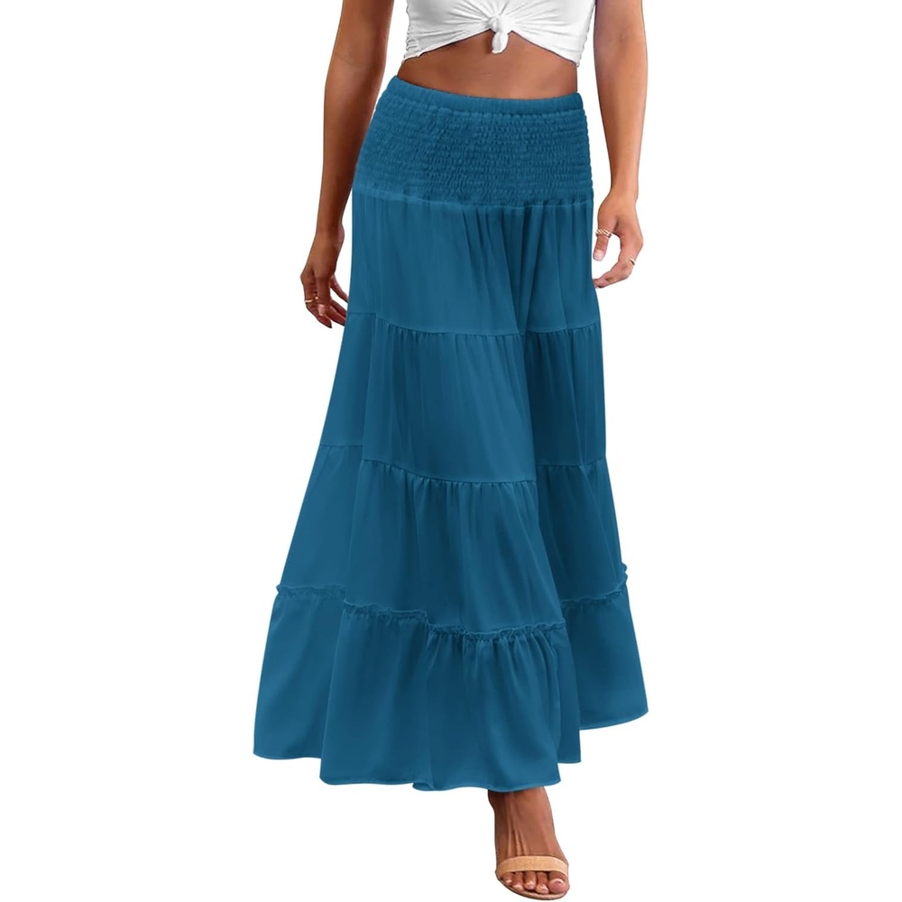 image:imageZeagoo Womens Long Maxi Skirts Tiered Elastic High Waist Boho Double Layered Print ALine Casual Midi DressLake Blue