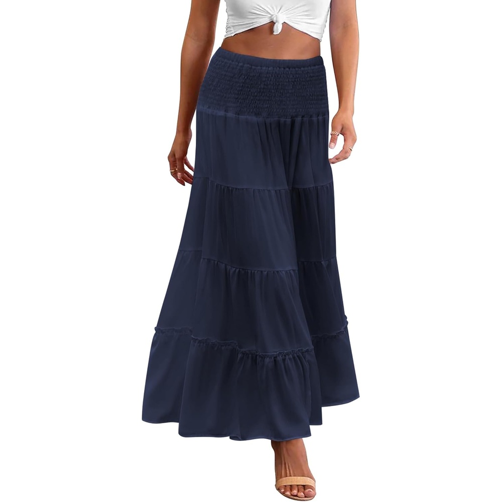 image:imageZeagoo Womens Long Maxi Skirts Tiered Elastic High Waist Boho Double Layered Print ALine Casual Midi DressNavy Blue