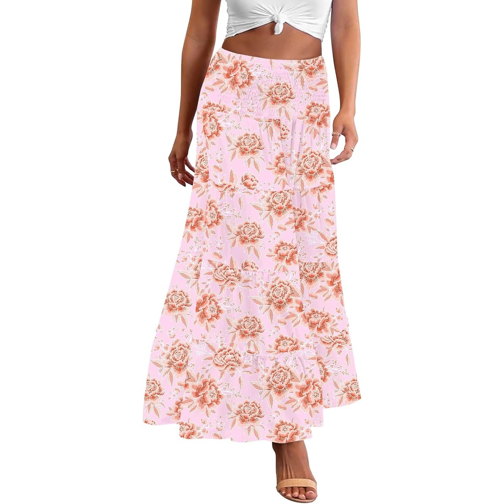 image:imageZeagoo Womens Long Maxi Skirts Tiered Elastic High Waist Boho Double Layered Print ALine Casual Midi DressPink Orange Floral