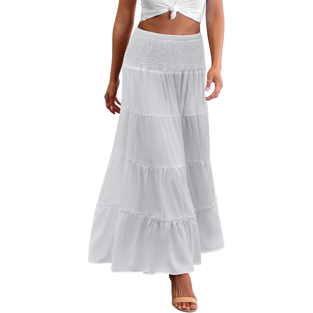 image:imageZeagoo Womens Long Maxi Skirts Tiered Elastic High Waist Boho Double Layered Print ALine Casual Midi DressWhite