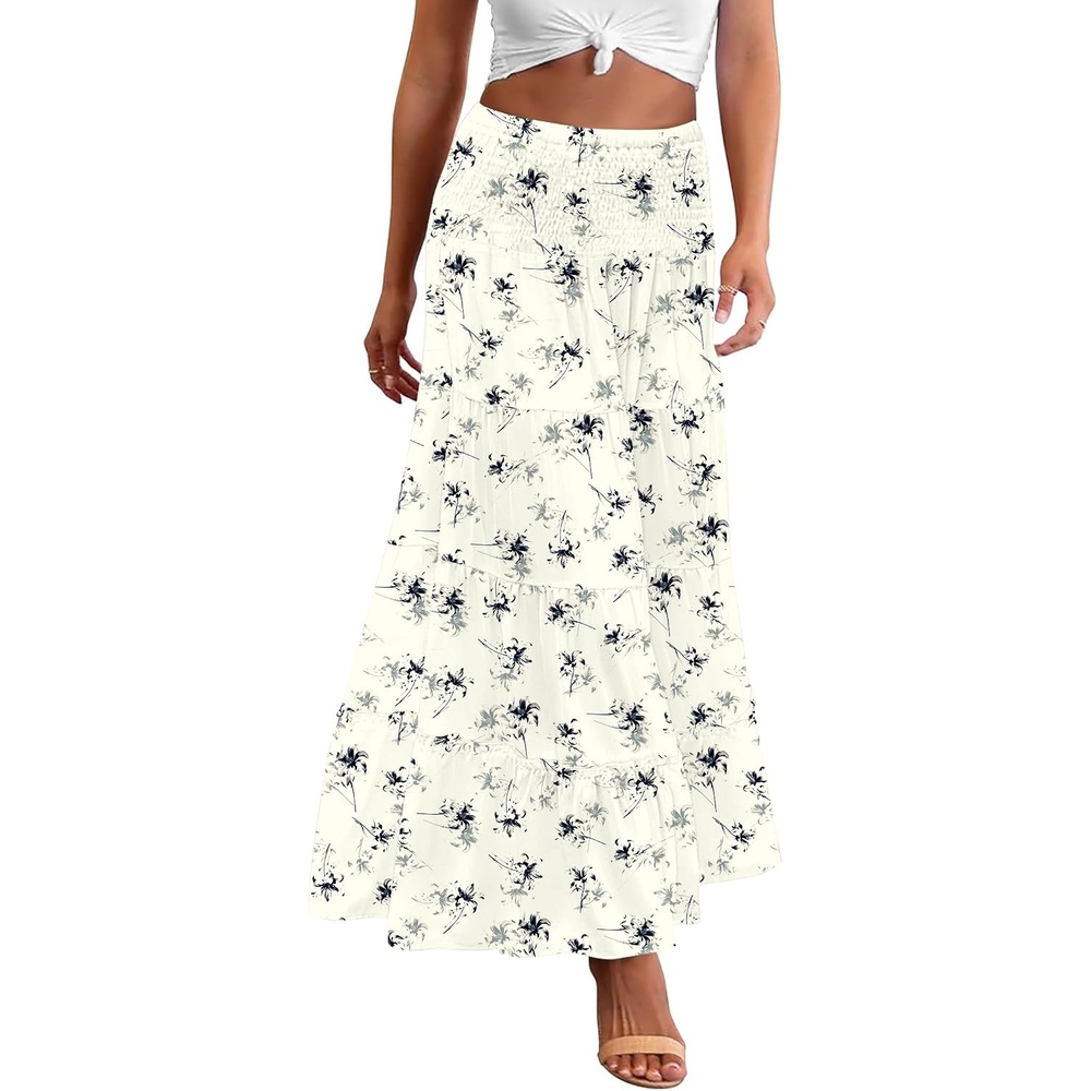 image:imageZeagoo Womens Long Maxi Skirts Tiered Elastic High Waist Boho Double Layered Print ALine Casual Midi DressWhite Floral
