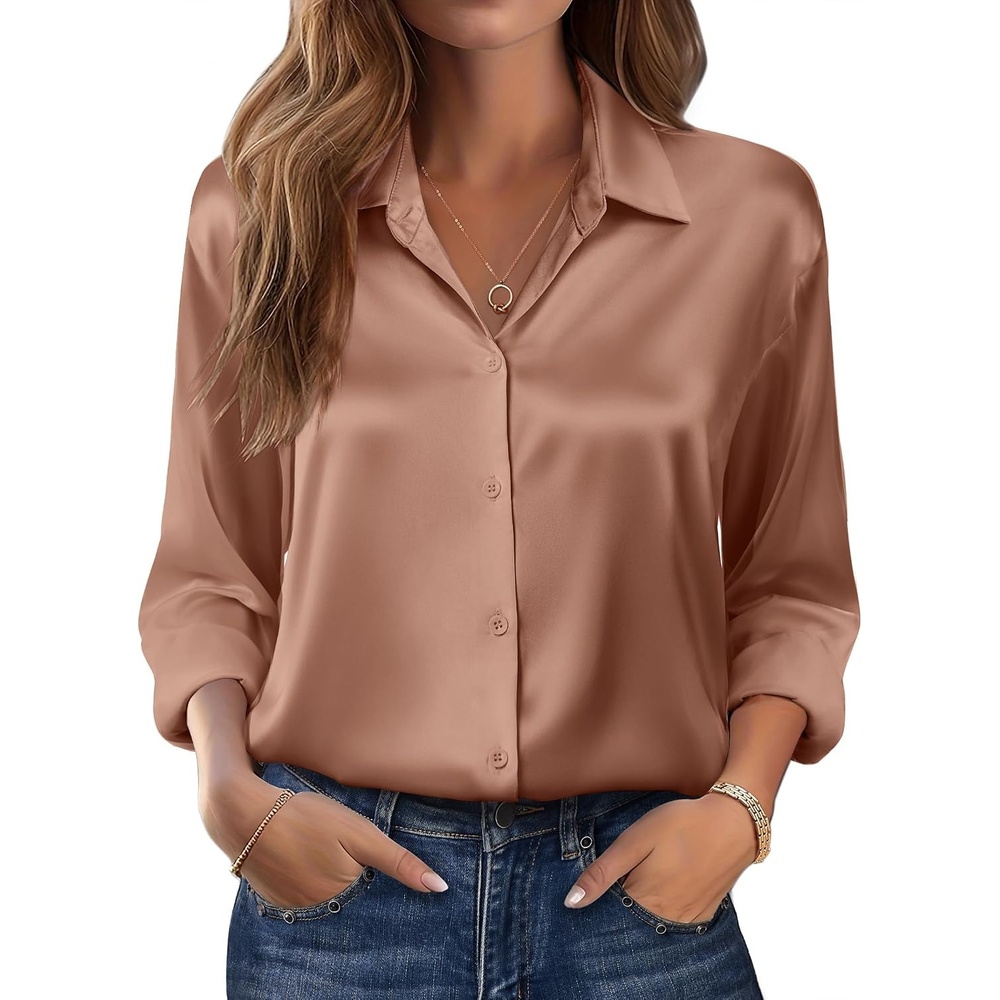 image:imageZeagoo Womens Tops Long Sleeve Satin Silk Button Down Shirts Dressy BlousesAlight Coffee