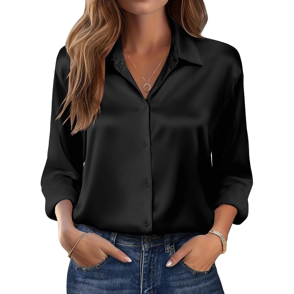 image:imageZeagoo Womens Tops Long Sleeve Satin Silk Button Down Shirts Dressy BlousesBlack