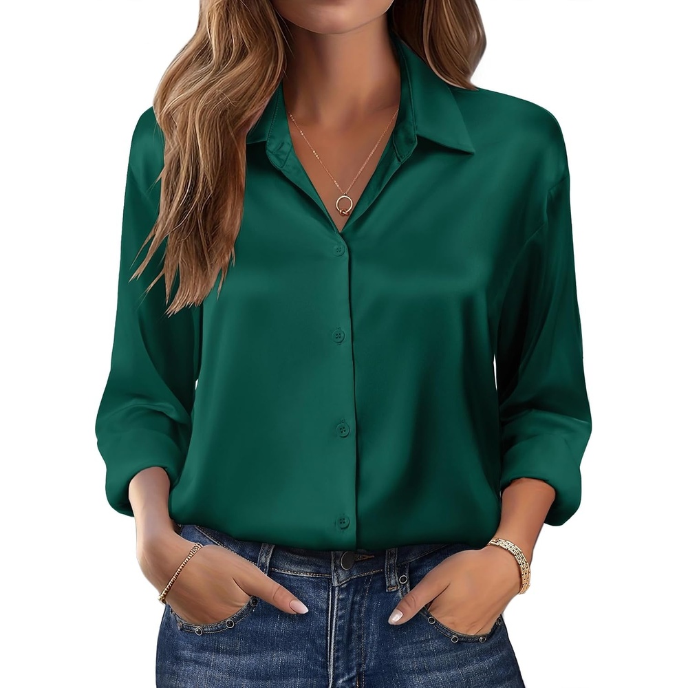 image:imageZeagoo Womens Tops Long Sleeve Satin Silk Button Down Shirts Dressy BlousesDark Green