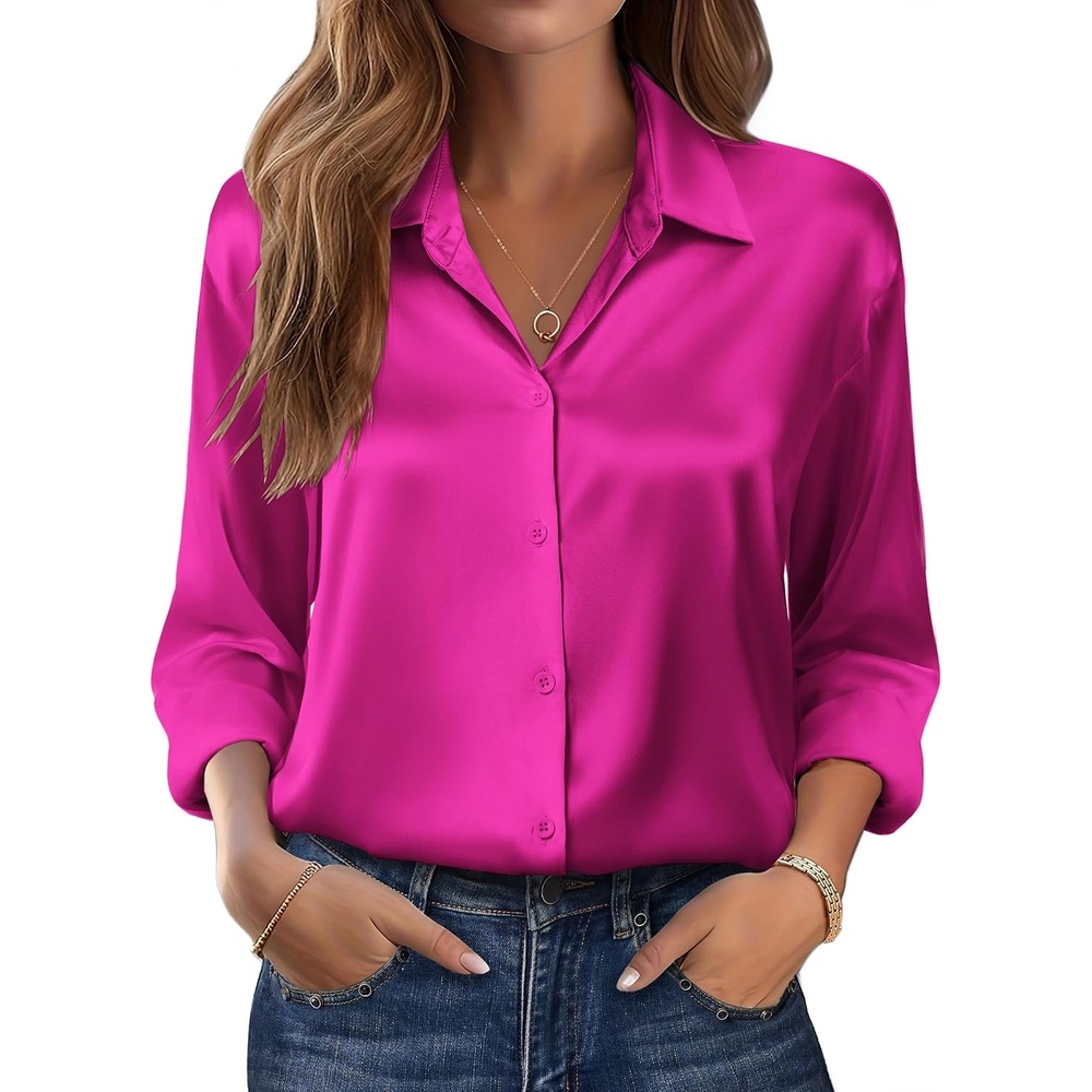 image:imageZeagoo Womens Tops Long Sleeve Satin Silk Button Down Shirts Dressy BlousesHot Pink