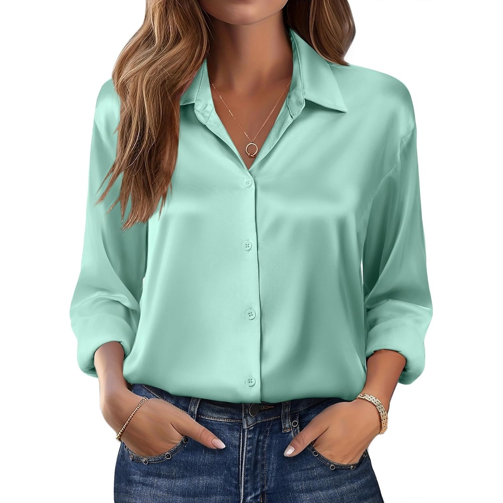 image:imageZeagoo Womens Tops Long Sleeve Satin Silk Button Down Shirts Dressy BlousesIce Green