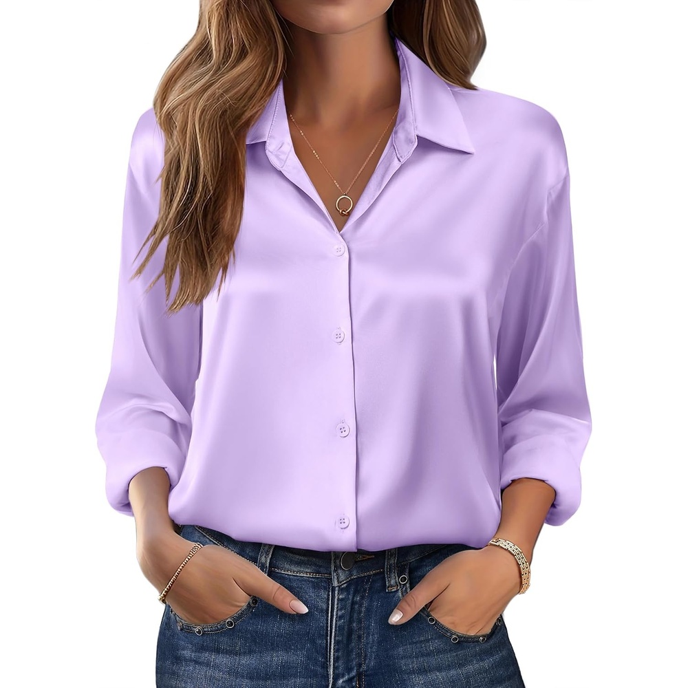 image:imageZeagoo Womens Tops Long Sleeve Satin Silk Button Down Shirts Dressy BlousesLavender