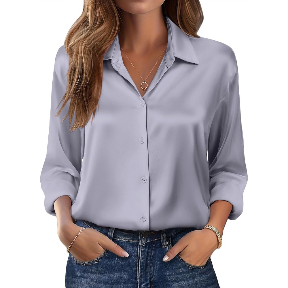 image:imageZeagoo Womens Tops Long Sleeve Satin Silk Button Down Shirts Dressy BlousesLight Grey