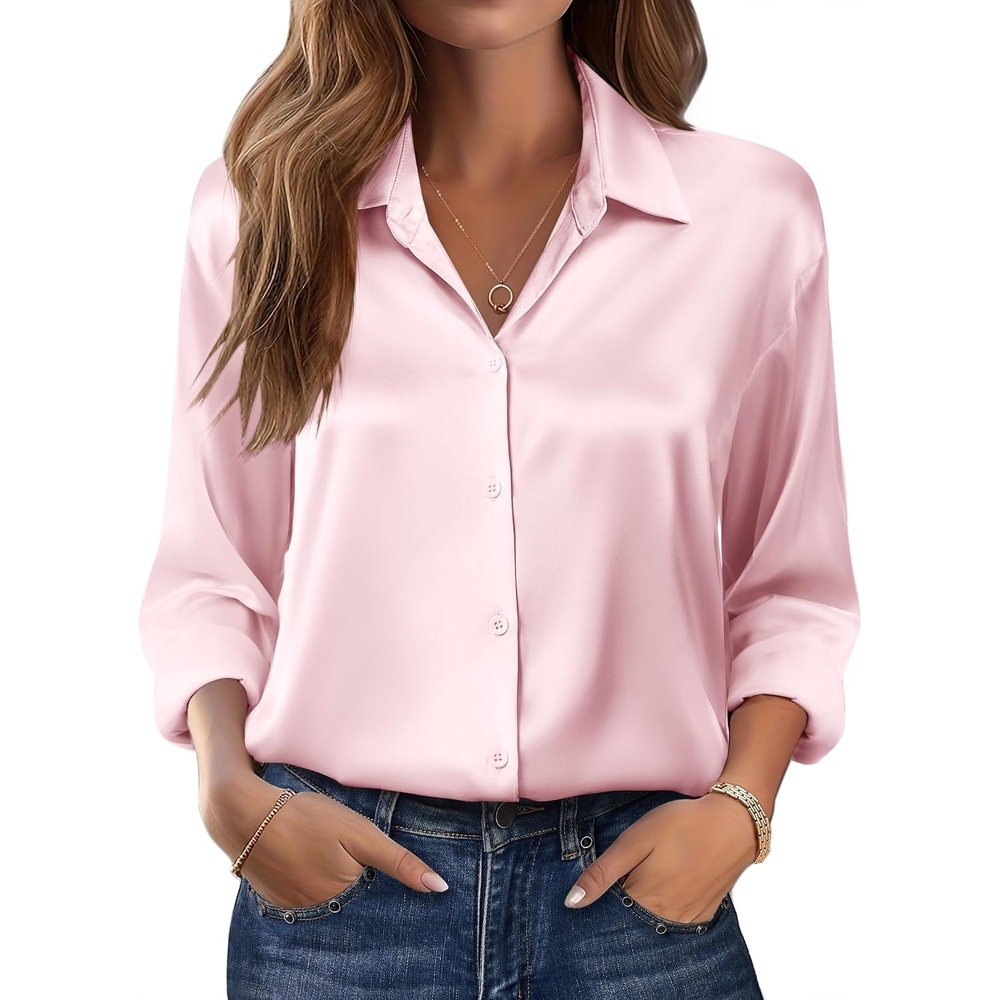 image:imageZeagoo Womens Tops Long Sleeve Satin Silk Button Down Shirts Dressy BlousesLight Pink
