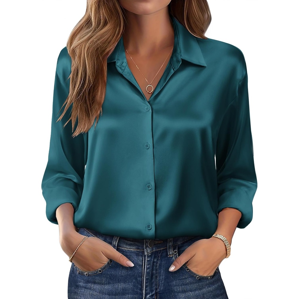 image:imageZeagoo Womens Tops Long Sleeve Satin Silk Button Down Shirts Dressy BlousesPeacock Blue