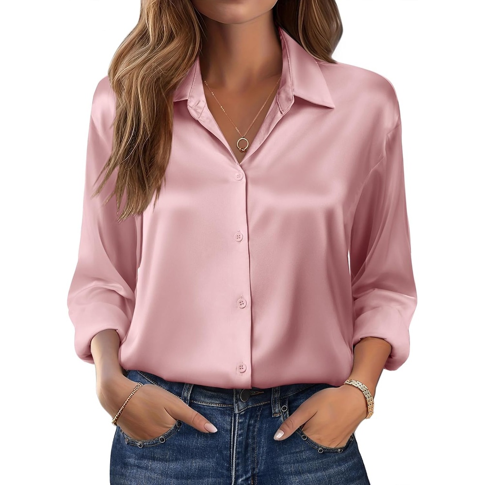 image:imageZeagoo Womens Tops Long Sleeve Satin Silk Button Down Shirts Dressy BlousesPink