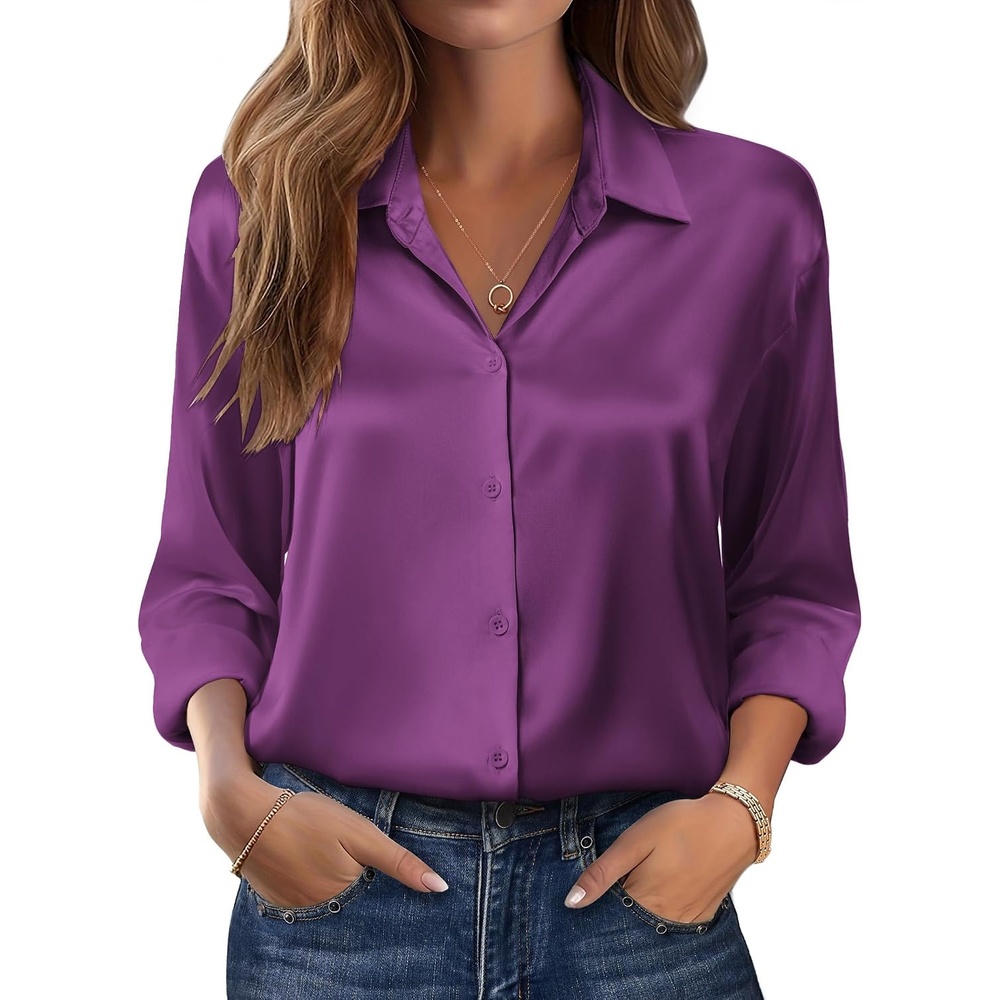 image:imageZeagoo Womens Tops Long Sleeve Satin Silk Button Down Shirts Dressy BlousesPurple 2