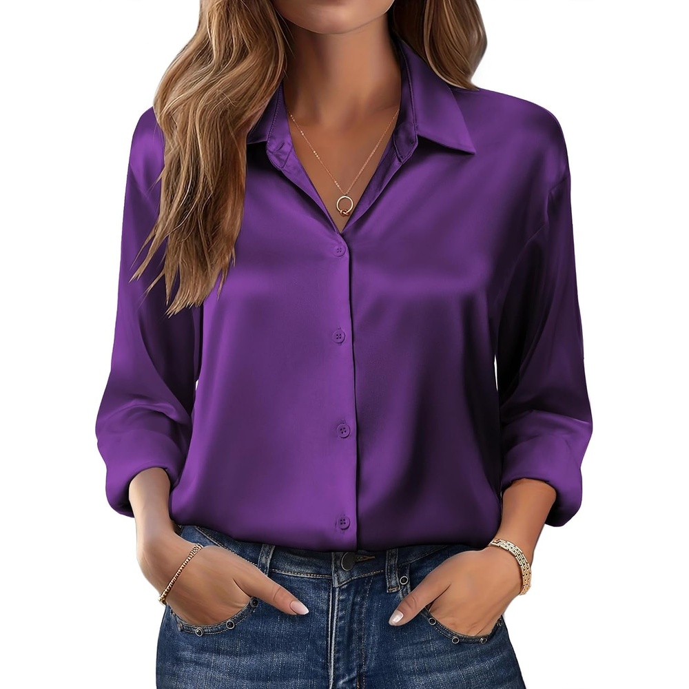image:imageZeagoo Womens Tops Long Sleeve Satin Silk Button Down Shirts Dressy BlousesPurple