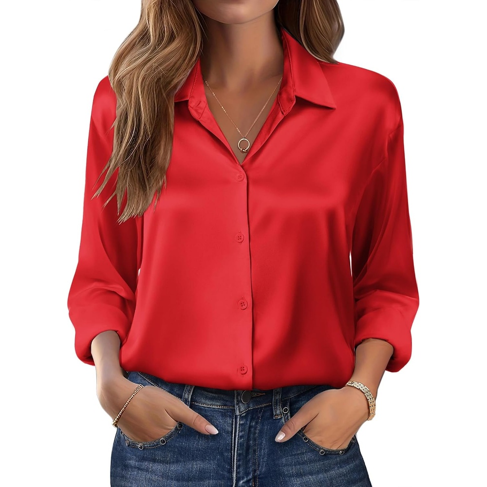 image:imageZeagoo Womens Tops Long Sleeve Satin Silk Button Down Shirts Dressy BlousesRed