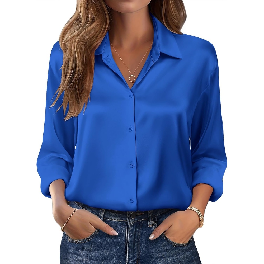 image:imageZeagoo Womens Tops Long Sleeve Satin Silk Button Down Shirts Dressy BlousesRoyal Blue