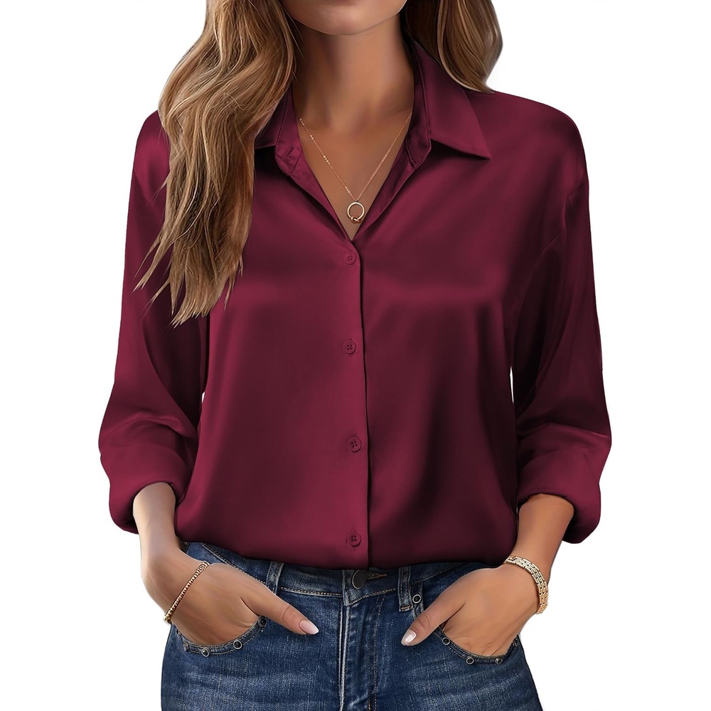 image:imageZeagoo Womens Tops Long Sleeve Satin Silk Button Down Shirts Dressy BlousesWine Red