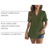 Zeagoo Women Linen Button Down Shirt Rolled Cuffed Short Sleeve Blouse Ladies Summer Casual V Neck Beach Cotton Tops(Army Green)