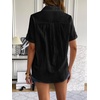 Zeagoo Women Linen Button Down Shirt Rolled Cuffed Short Sleeve Blouse Ladies Summer Casual V Neck Beach Cotton Tops(B-black)