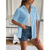 Zeagoo Women Linen Button Down Shirt Rolled Cuffed Short Sleeve Blouse Ladies Summer Casual V Neck Beach Cotton Tops(C-sea Blue)