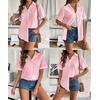 Zeagoo Women Linen Button Down Shirt Rolled Cuffed Short Sleeve Blouse Ladies Summer Casual V Neck Beach Cotton Tops(E-soft Pink)