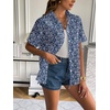 Zeagoo Women Linen Button Down Shirt Rolled Cuffed Short Sleeve Blouse Ladies Summer Casual V Neck Beach Cotton Tops(Floral Blue)