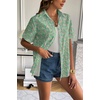 Zeagoo Women Linen Button Down Shirt Rolled Cuffed Short Sleeve Blouse Ladies Summer Casual V Neck Beach Cotton Tops(Floral Green)