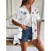 Zeagoo Women Linen Button Down Shirt Rolled Cuffed Short Sleeve Blouse Ladies Summer Casual V Neck Beach Cotton Tops(Floral White)