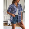 Zeagoo Women Linen Button Down Shirt Rolled Cuffed Short Sleeve Blouse Ladies Summer Casual V Neck Beach Cotton Tops(G-tropical Navy)