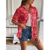 Zeagoo Women Linen Button Down Shirt Rolled Cuffed Short Sleeve Blouse Ladies Summer Casual V Neck Beach Cotton Tops(H-boho Floral Red)